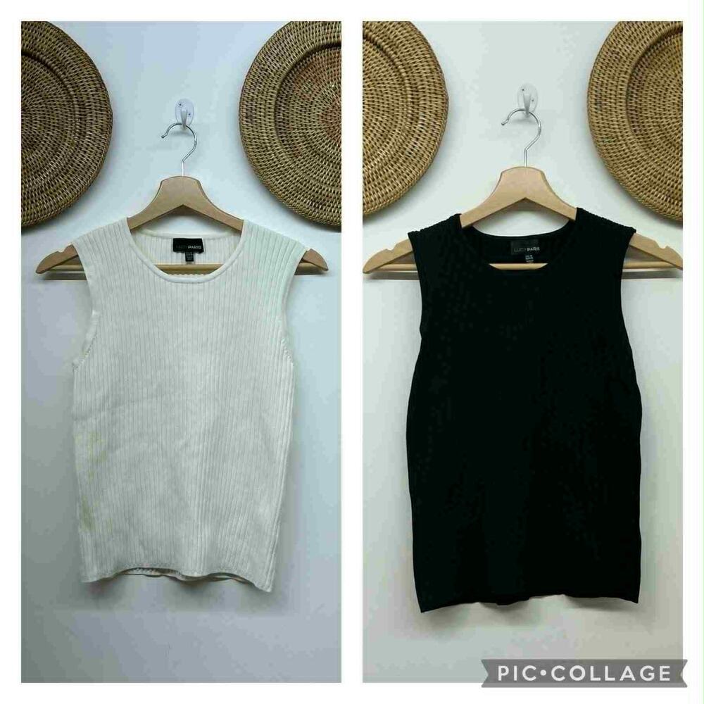 BUNDLE (2) Lucy Paris Rib Ribbed Knit Tank Top Medium White Black Stretch